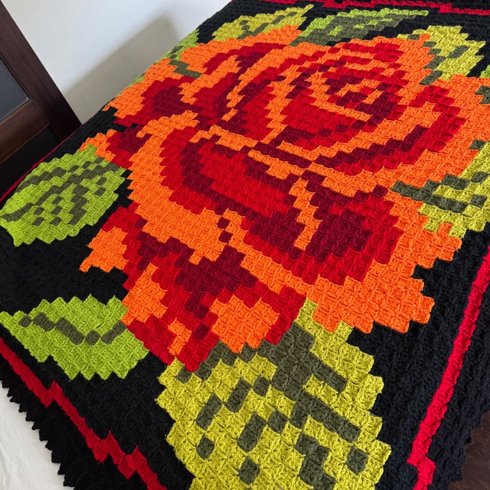 Handmade Crochet Rose Throw Blanket Black Red Orange Floral Pixel Afghan 72x70" - Picture 1 of 14